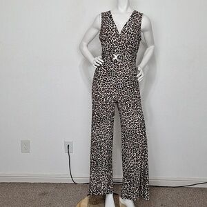 Pinc "NEW" Black Tan Animal Print Front Ring Wide Leg Mobwife Jumpsuit Size XL